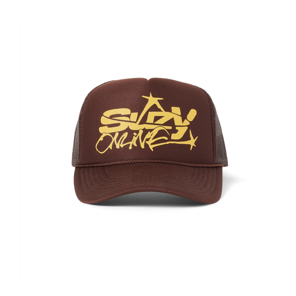 Suzy Online Script Trucker Hat / Brown